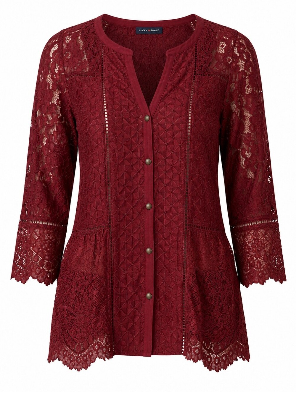LUCKY BRAND | Burgundy Mixed Media Whimsigoth Lace Button Sheer Blouse | M